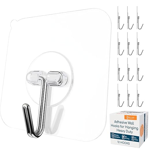 GLUIT Adhesive Hooks for Hanging Heavy Duty Wall Hooks 22 lbs Self Adhesive Sticky Hooks Waterproof Transparent Hooks for Keys Garage Outdoor Office Workshop Door Sticky Hook 12 Pack