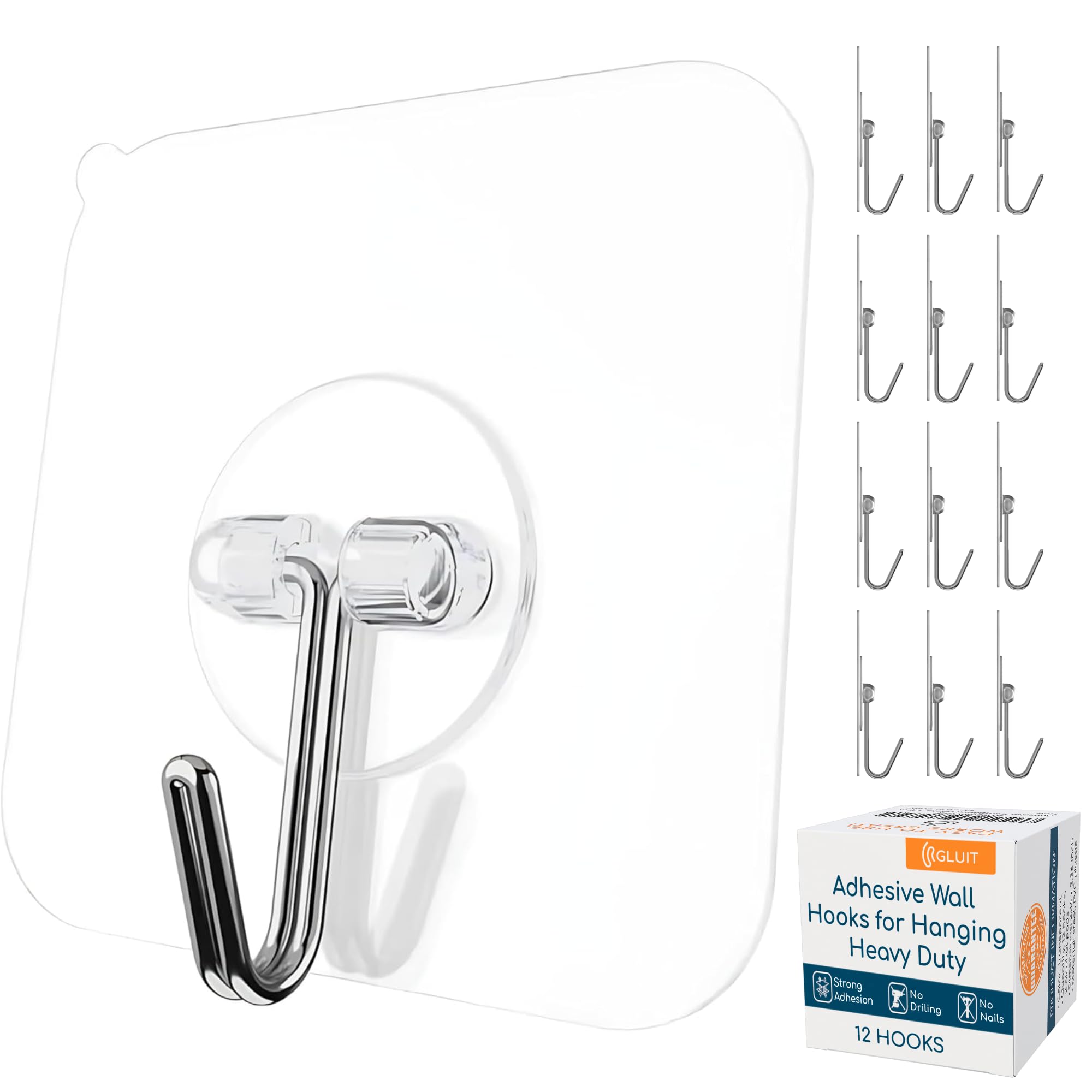 GLUIT Adhesive Wall Hooks for Hanging Heavy Duty 22 lbs Hooks for Walls No Damage, Towel Sticky Clear Hook, Waterproof, Home, Bathroom, Kitchen, Office, and Outdoor 12 Pack