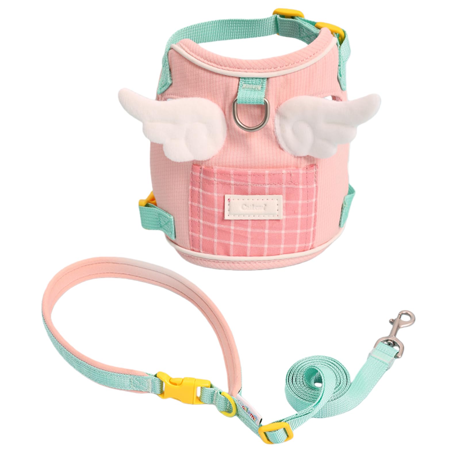 Duuclume Adjustable Cat Harness and Leash Set with Pocket - Angel Wing Vest, Lightweight Soft Mesh Escape-Proof Walking Harness for Cats Outdoor (Pink Green)