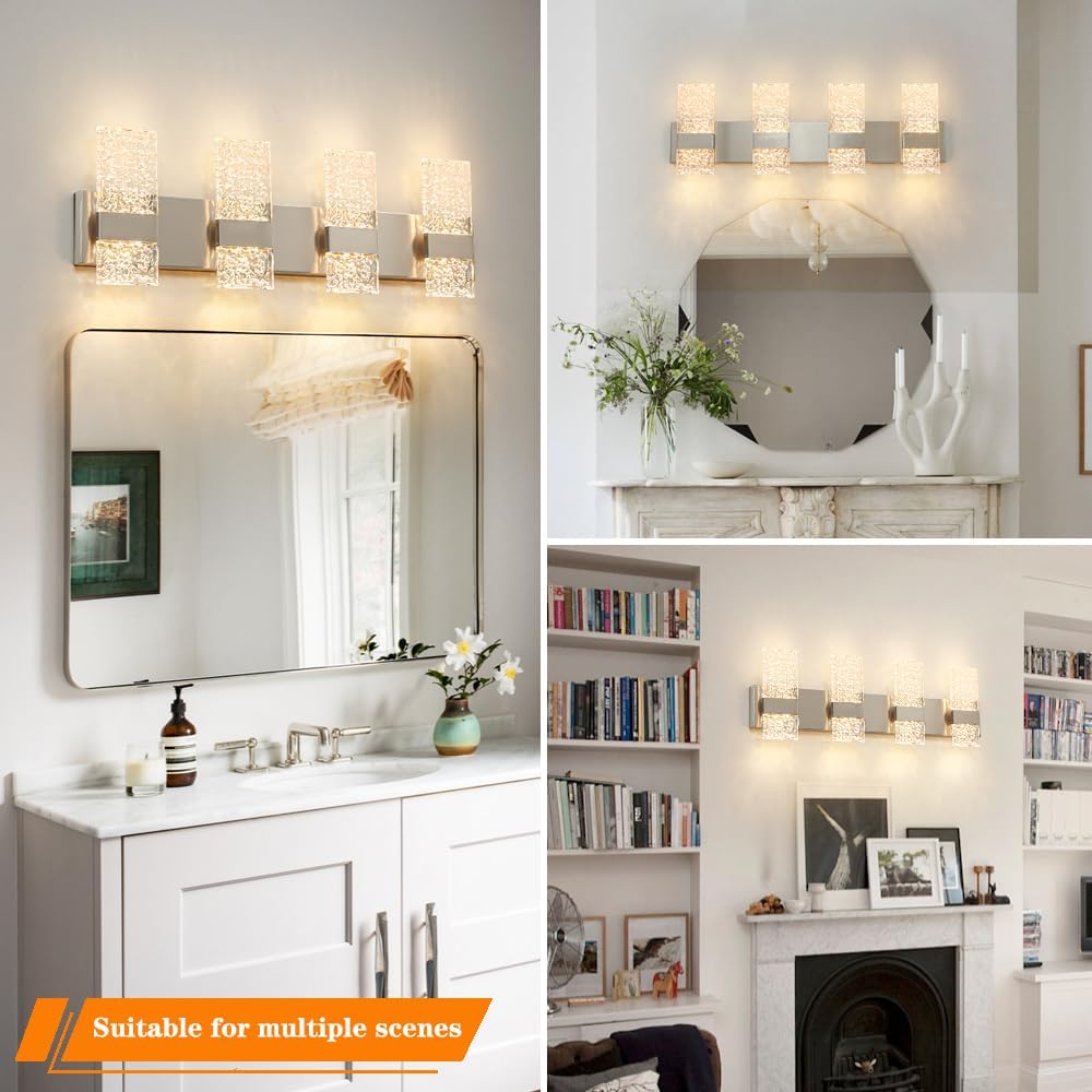 Modern Brushed Nickel 8-Lights Bathroom Vanity Light, Eleglant Nickel LED Bathroom Light Fixtures over Mirror, Dimmable Acrylic Shade Wall Lighting Fixtures, Hardwired Wall Light(H9.25in, L28.35in)