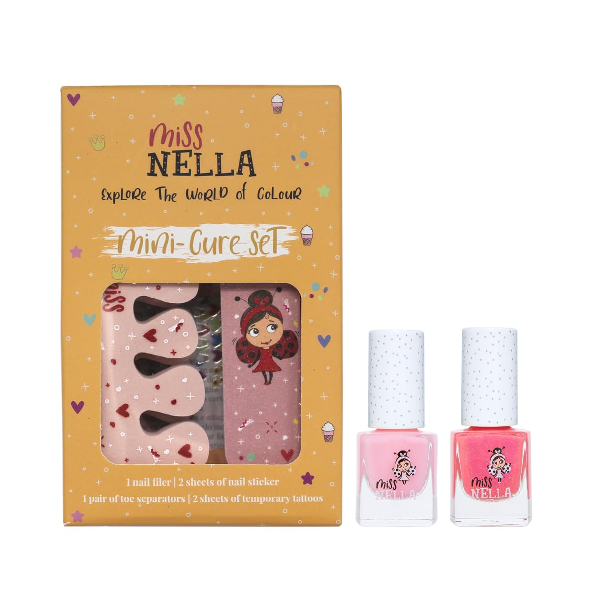 Miss Nella Pink MANICUTE- kids nail kit + 2 Miss Nella peel off polish, nail stickers, tattoos, nail filer & toe separators- all designed foe children hands & toes