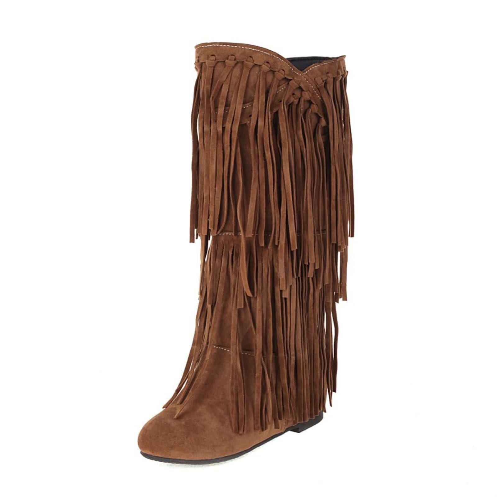 Womens Fringe Western Boots Boho Tassel Suede Western Cow Girl Booties Pull On With Zipper Mid Calf Cowboy