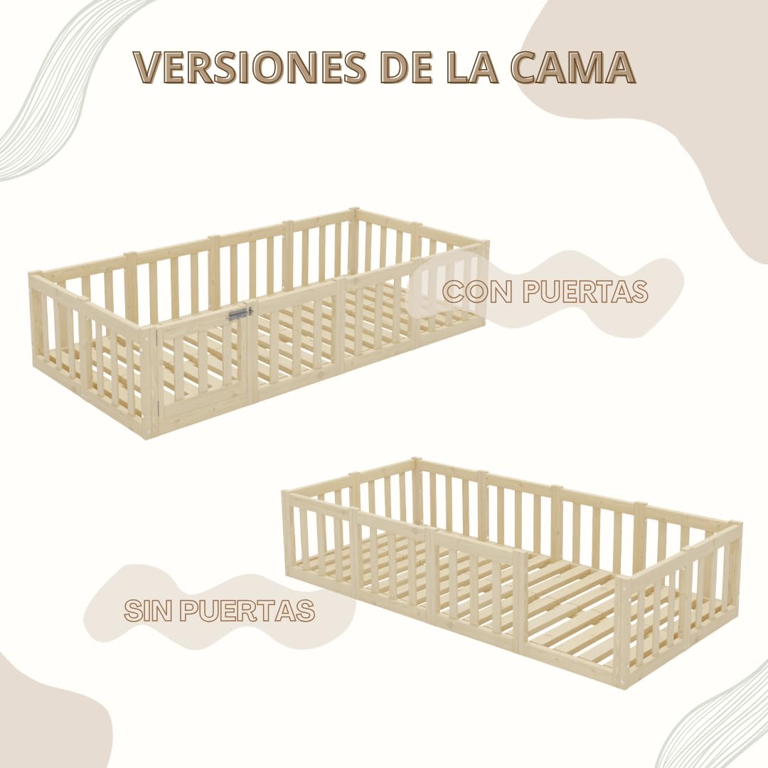 Cama Montessori 190x120 cm - Cama Infantil con Protección contra Caídas 40cm y Barrera Abrible - Camas Infantiles Superficie Lisa niños y niñas - Madera Natural