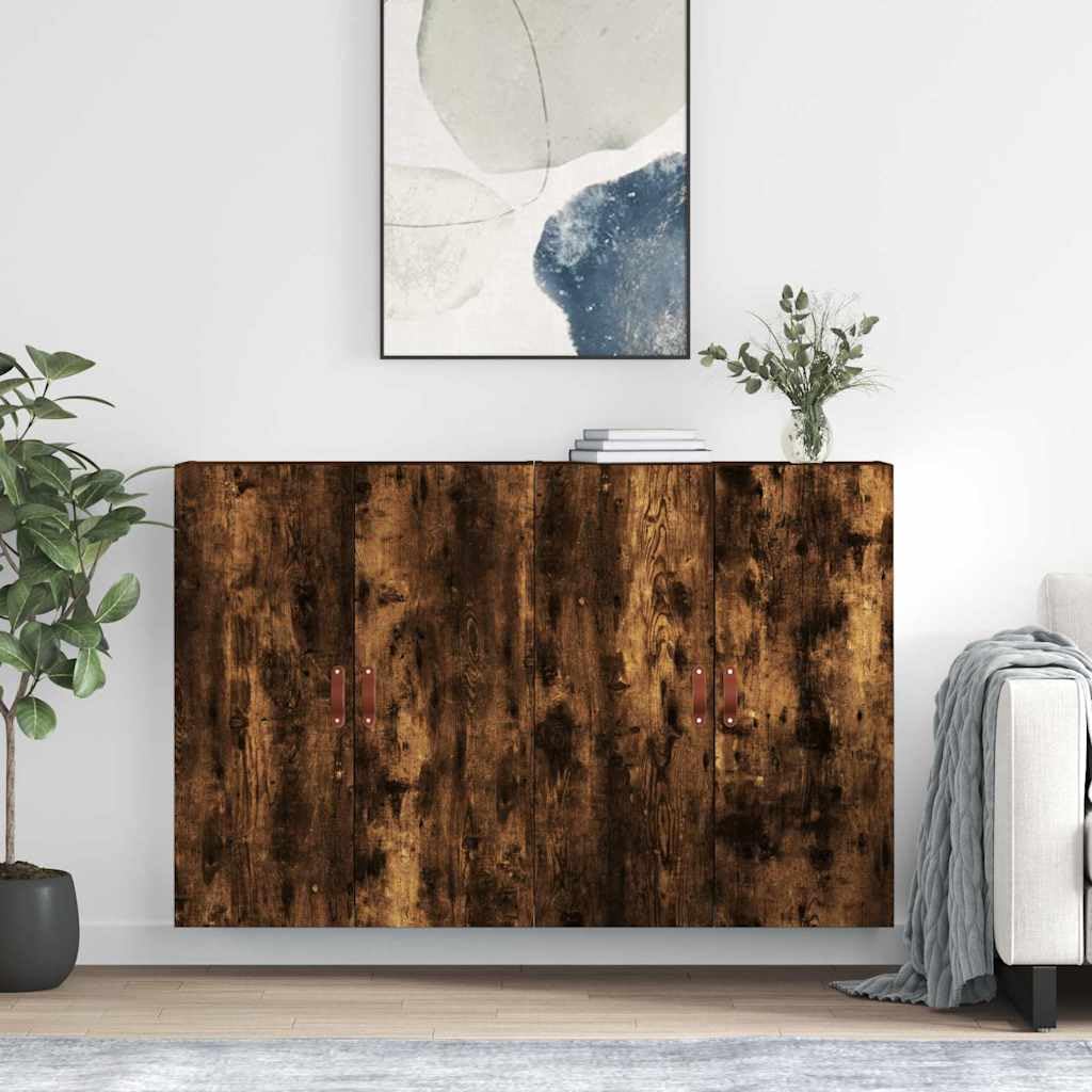 Meble ścienne, 2 sztuki dębu, dymu, 69,5 x 34 x 90 cm | Drewno wielowarstwowe, montaż na ścianie, drzwi z uchwytami, duża przestrzeń do przechowywania