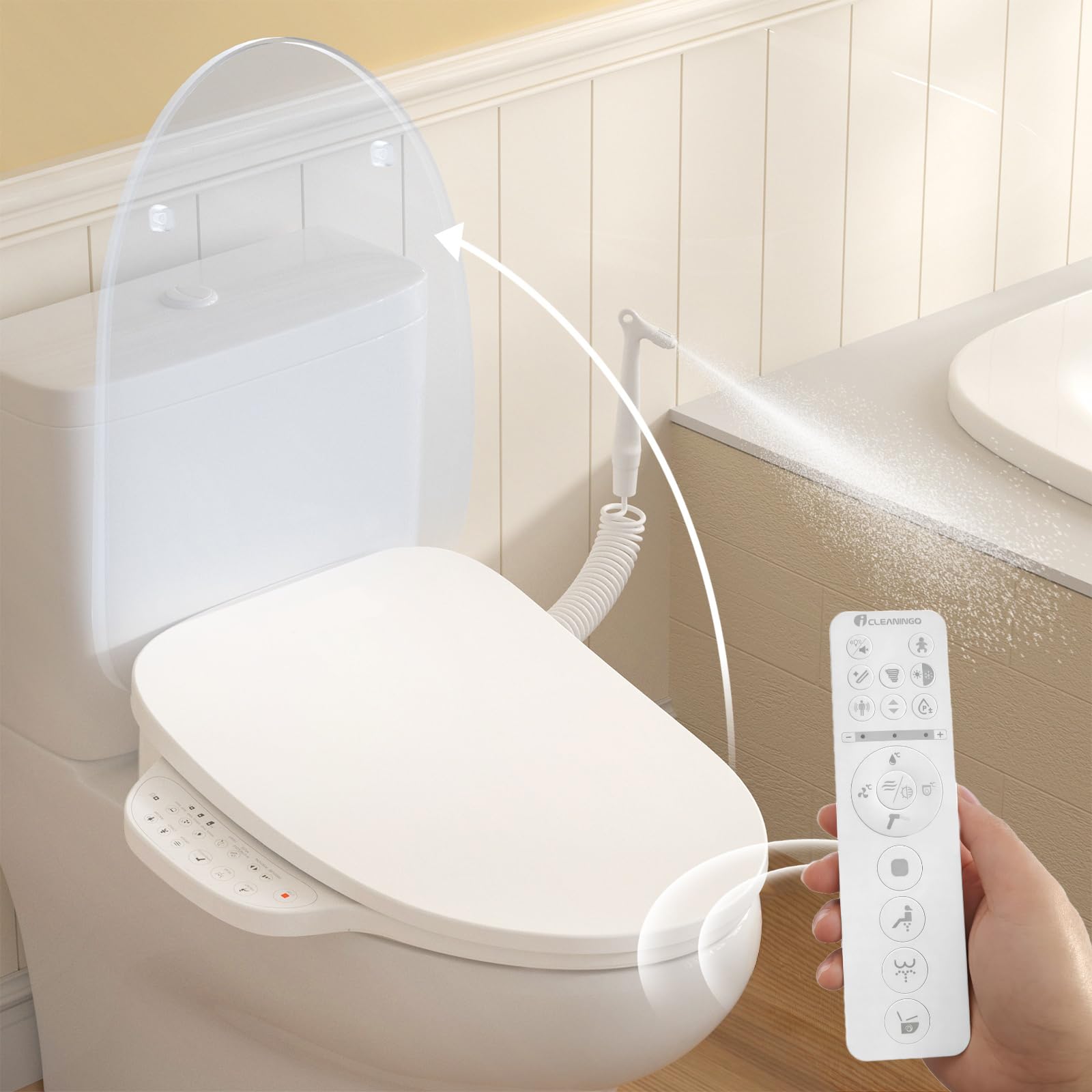 DC01 Pro iCleaningo Electric Bidet Toilet Seat, Side Panel Control, Instant Heating, Warm Water Wash, Heated Seat, Warm Air Dry, Auto Open &amp; Close Lid, 360° Handheld Sprayer, Elongated, Remote