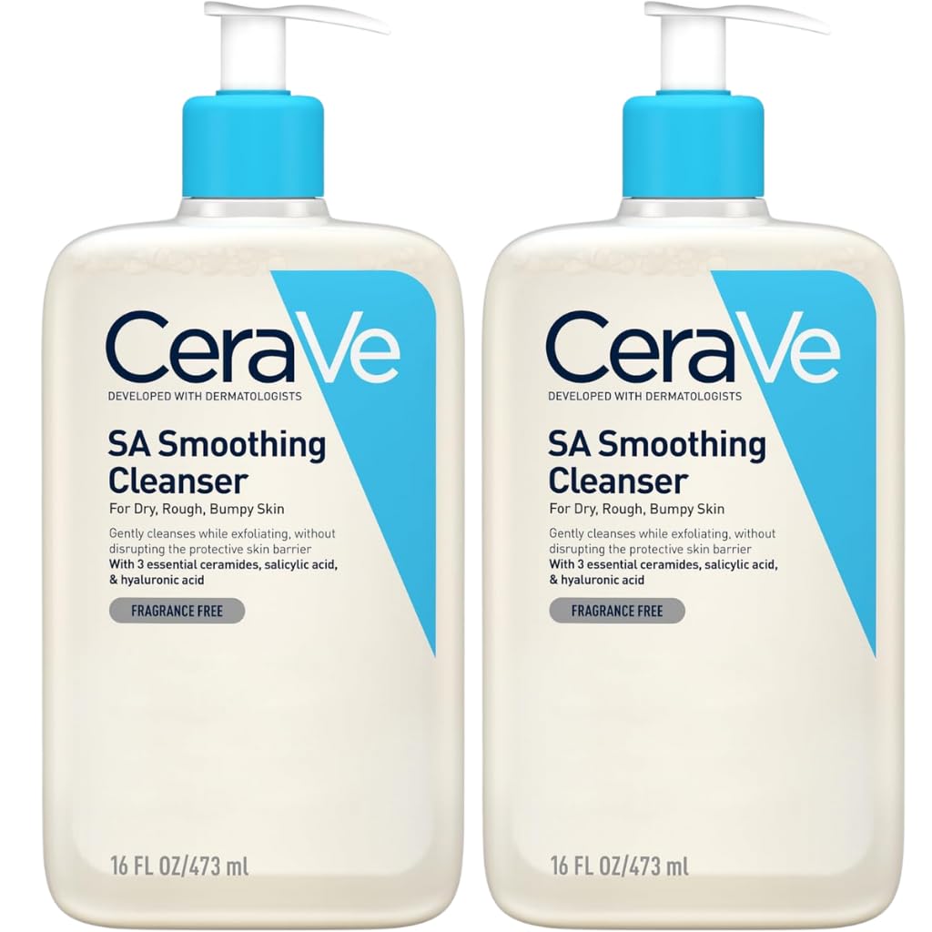 CeraVe SA Lot de 2 nettoyants lissants – Avec acide salicylique, acide hyaluronique et céramides – Nettoyant exfoliant visage et corps pour peaux sèches, rugueuses et bosselées 473 ml
