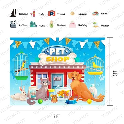 Miniatura 4 de Fondo de animales de perro y gato de 7 x 5 pies, fondo de tienda de mascotas de dibujos animados para baby shower, fiesta de cumpleaños, decoración