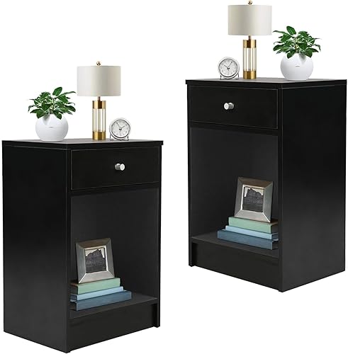 Juego de 2 mesitas de noche pequeñas, color negro, mesa auxiliar con cajones, estilo moderno, 16 pulgadas