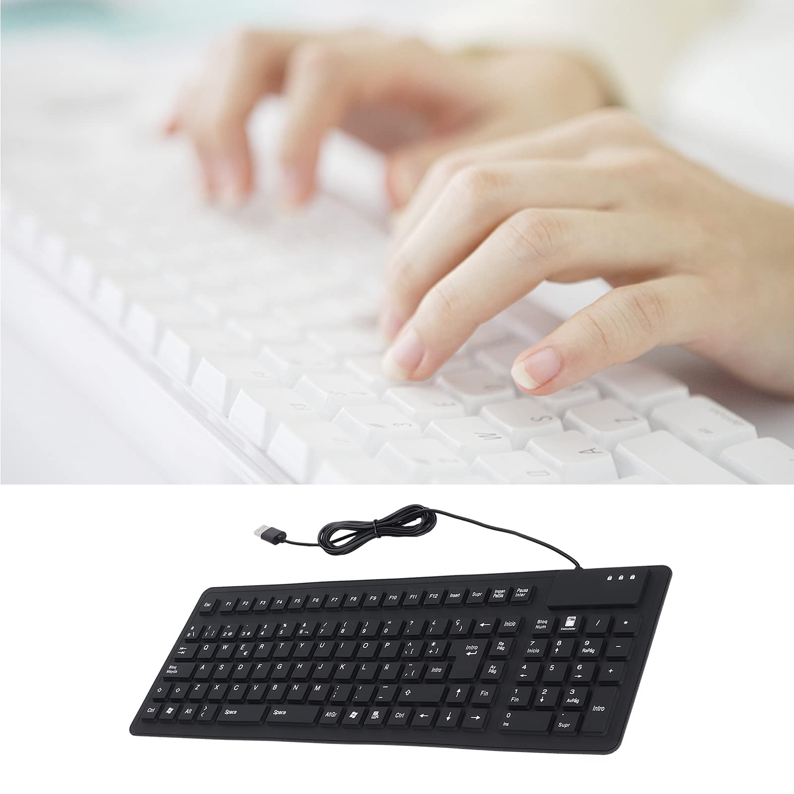 Dioche Tastiera 108 tasti spagnola USB cablata portatile pieghevole silenziosa impermeabile antipolvere tastiera in silicone