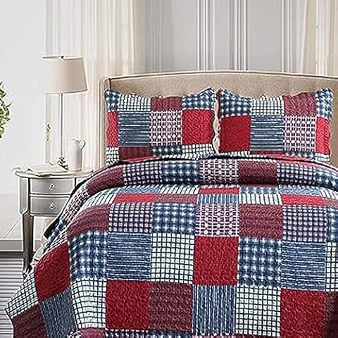 Hailea King Size Red Blue Plaid Quilt Set Cover