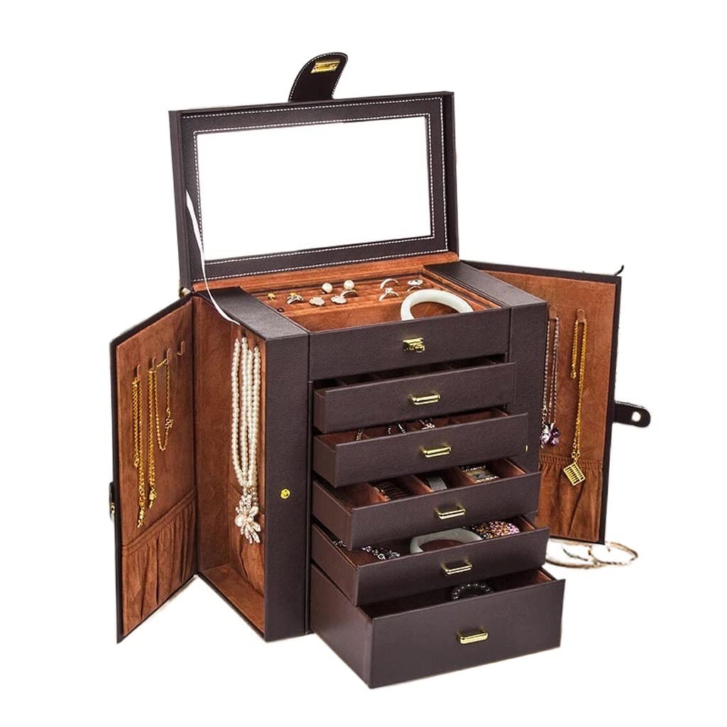 TIANQIHAO Jewelry Box Large Jewelry Box 6 Layer With 5 Drawers Pu Leather Jewelry Organizer Storage With Mirror Jewelry Case For Women Girls Gift Jewellry Holder,A