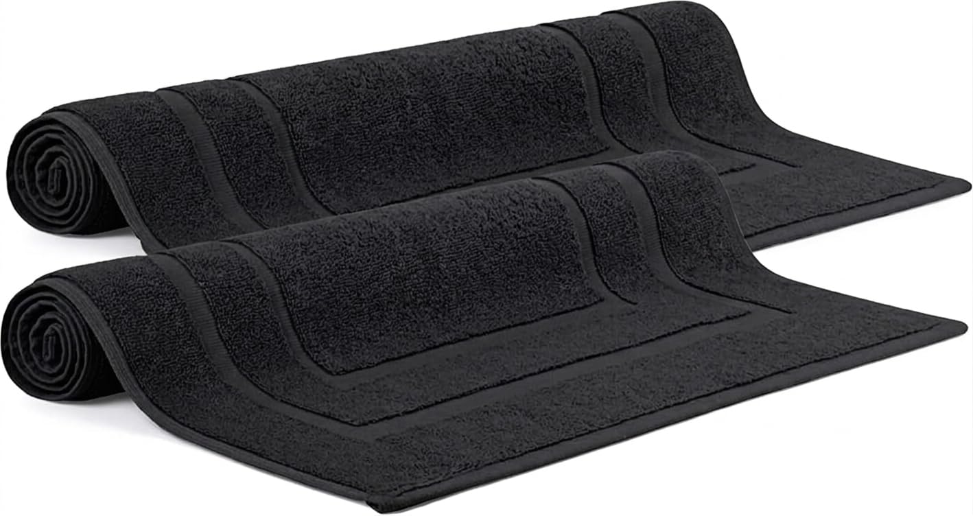 Makooz Cotton Banded Bath Mats Pack of 2 – Not Bathroom Rug - 50x70 CM 100% Ring Spun Cotton – Machine Washable, Ultra Soft, Water Absorbent, Quick Drying Plush Shower Bathroom Foot Towel - Black