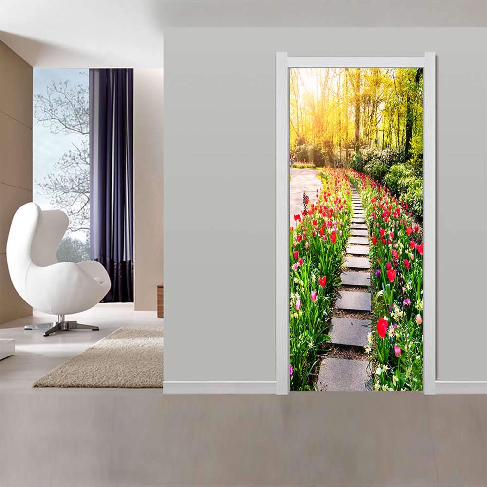 Sticker de porte trompe l'oeil chemin de fleur parc 88x200cm papier peint étanche