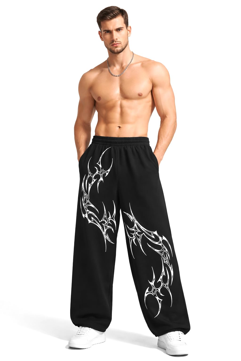 urob Men's Baggy Track Pants, Baggy Streetwear, Cotton Track Pants, Elastic Waist & Relaxed Fit Bottoms | Aesthetic Gothic Wide Leg Pants for Men | Tribal Print Baggy Streetwear |-picture-46