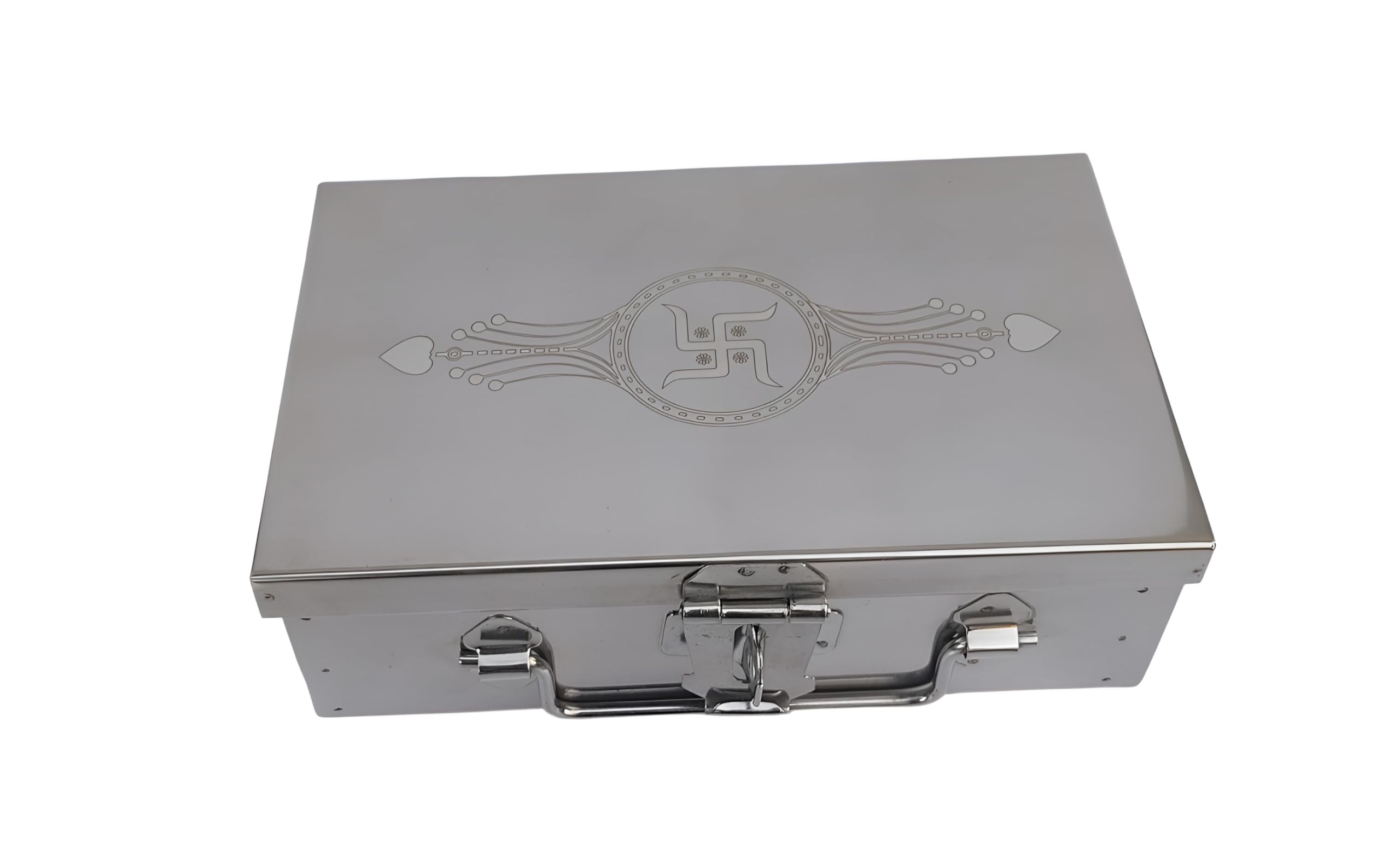 Stainless Steel Storage Boxes, Pooja Peti,Organizer, Vanity Box, Safe Locker,Cash Box, With Laser Print Swastik Design Perfect-Gifts for Storage -9 inch (''W-9", H-2.90", L-6")-image-35