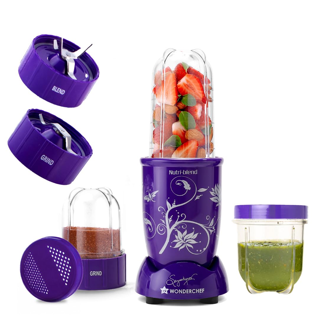 Wonderchef Nutri-blend 500W Mixer Grinder, 22000 RPM Motor, Smoothie Maker, Masala Grinder, Chutney Blender, 3 Unbreakable Jars, Recipe Book by Chef Sanjeev Kapoor, 2 Yr Warranty, Purple