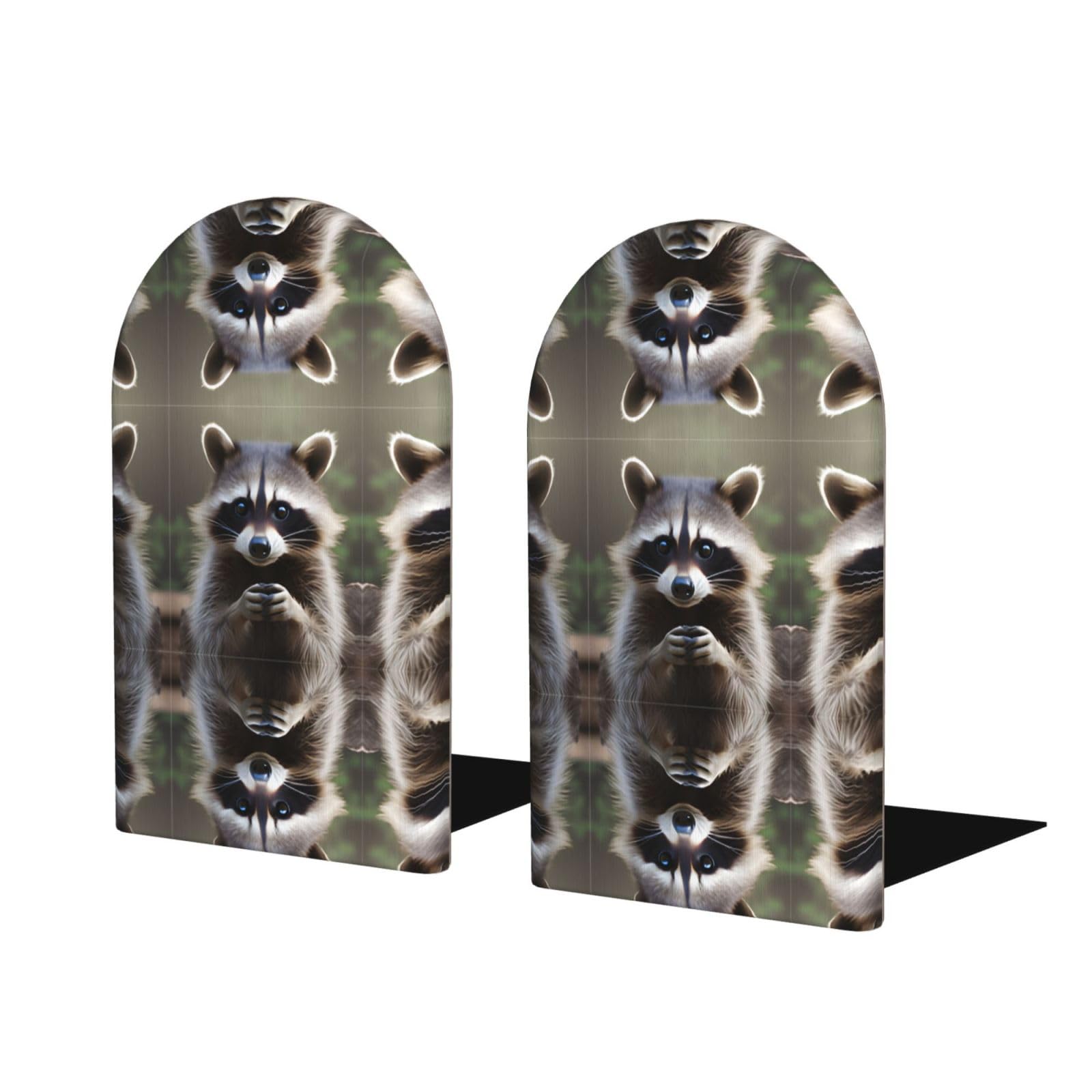 Cute Raccoon Stylish Bookends with Full-Print Design Durable Wooden and Metal Bookend Set for Home, Office