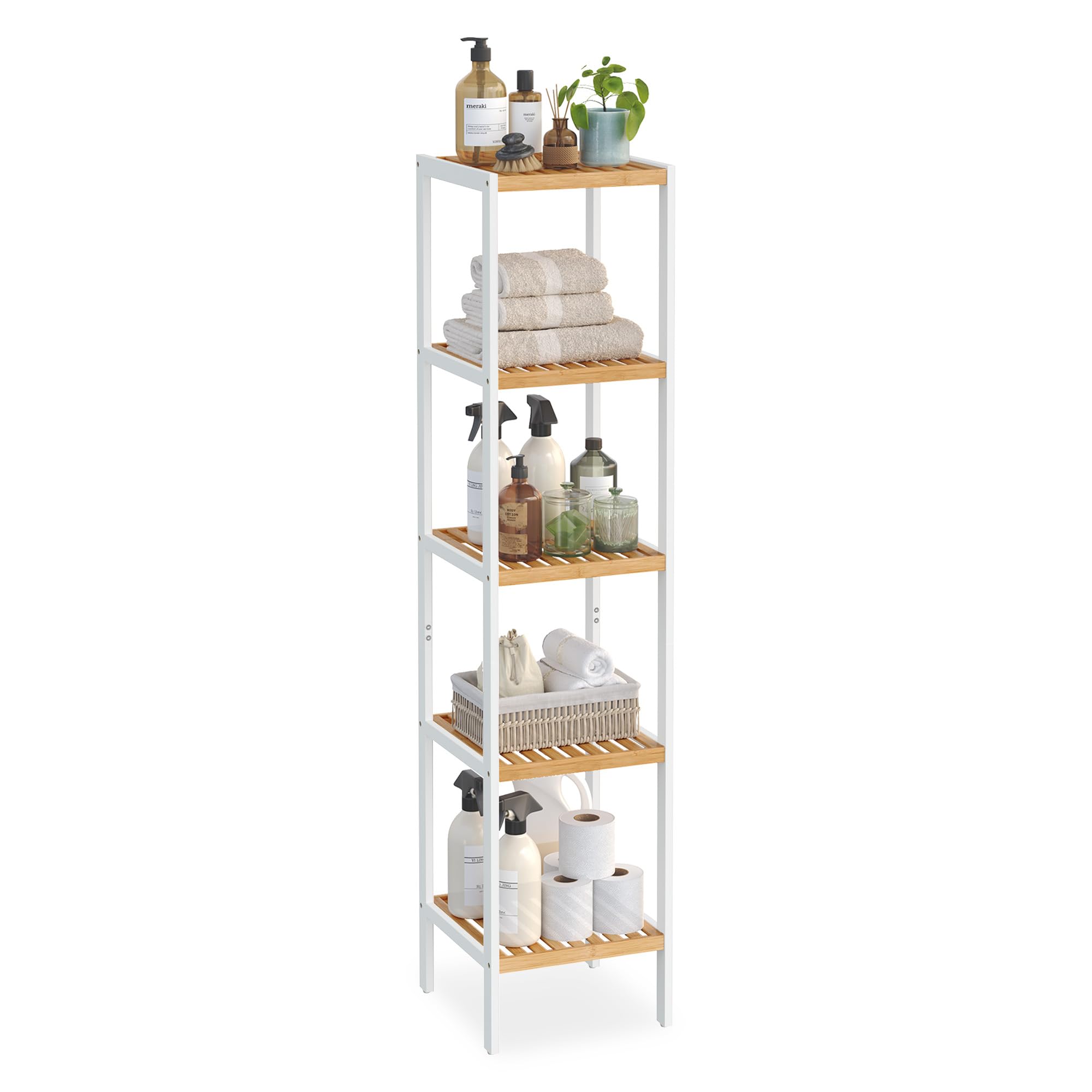 SONGMICS Bamboo Storage Shelf, 5-Tier Shelving Unit, Multifunctional, in the Hallway, Bathroom, Living Room, Balcony, Kitchen, 33 x 33 x 146 cm, Cloud White and Natural Beige BCB055N01