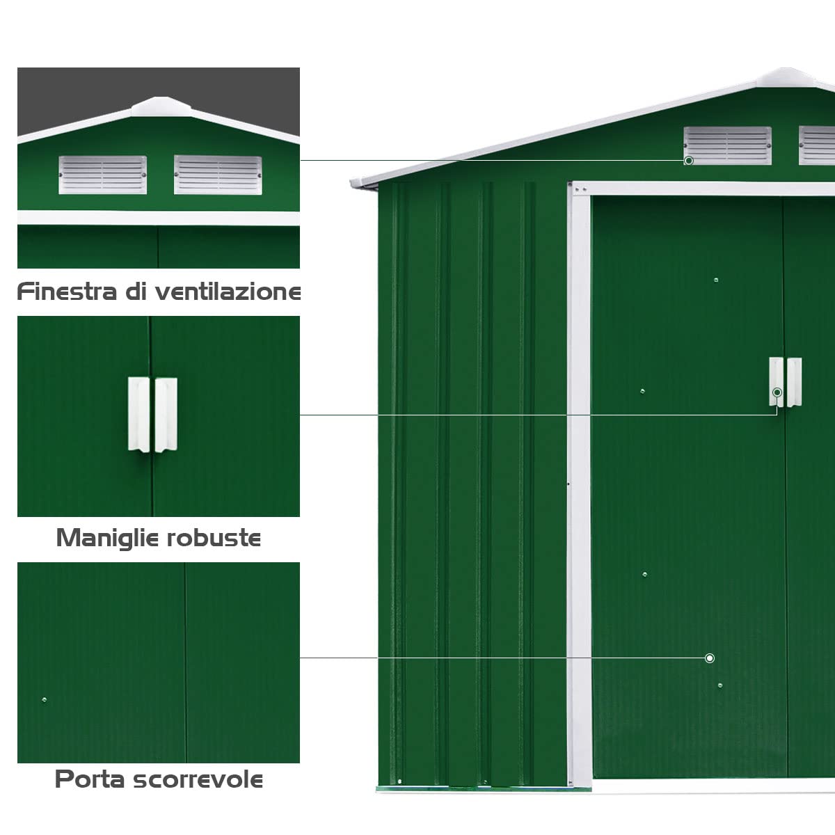 DREAMADE Box Casetta Grande, Casetta da Giardino Esterno, Capanno Magazzino in Lamiera di Metallo, con Porta a 2 Ante e Finestra di Ventilazione, Adatta per Riporre Attrezzi (Verde)