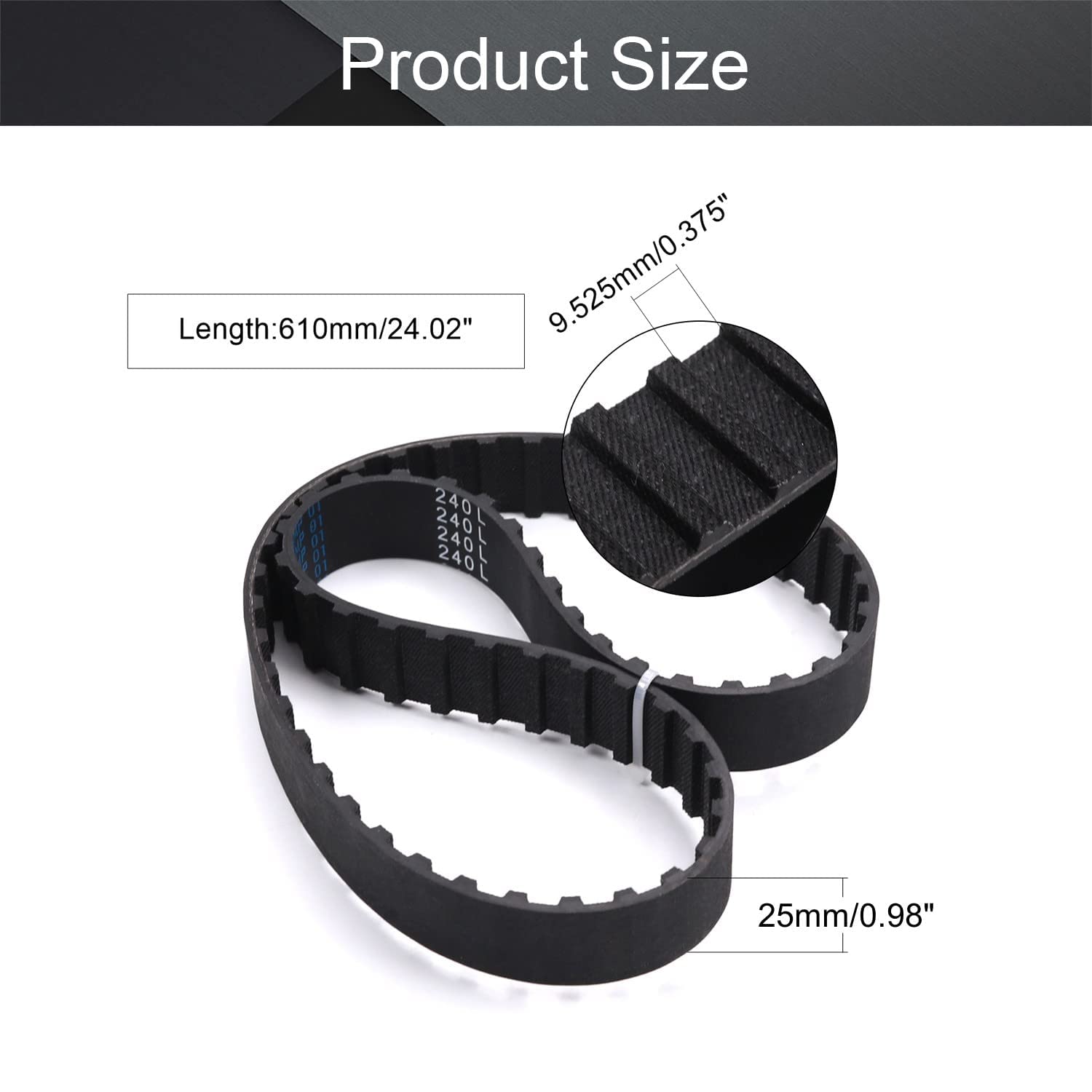 Jutagoss Timing Belt,240L Cogged Toothed Rubber Timing Belt 610mm Circumference 25mm Width Synchronous Closed Loop Belt Timing Pulley Tools Black 1Pcs