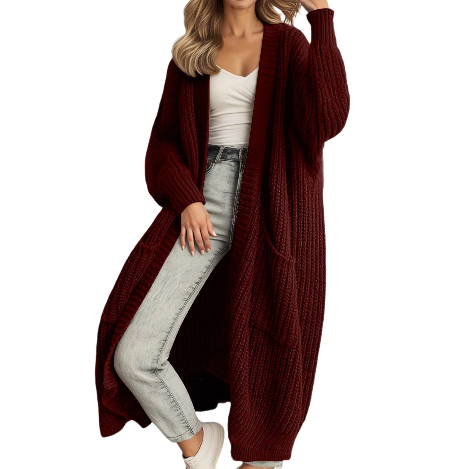 Womens Long Knit Cardigan Open Front Casual Soft Coat 2025 Trendy Winter Fall Knitwear Sweater with Pockets