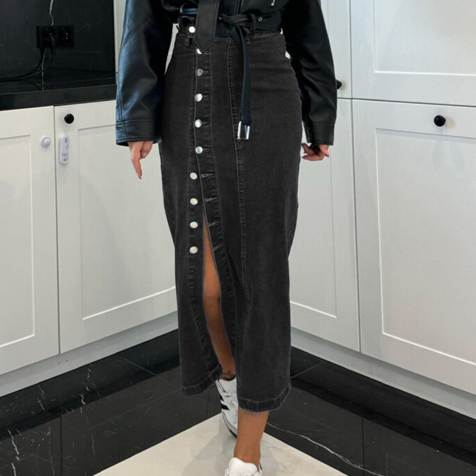 Jean Skirts for Women Denim Skirt Midi Length Elastic High Waisted Side Split Button Down Pants Asymmetrical Skirt Casual Stretchy Plus Size Skirts for Curvy Women Jean Skirt for Women