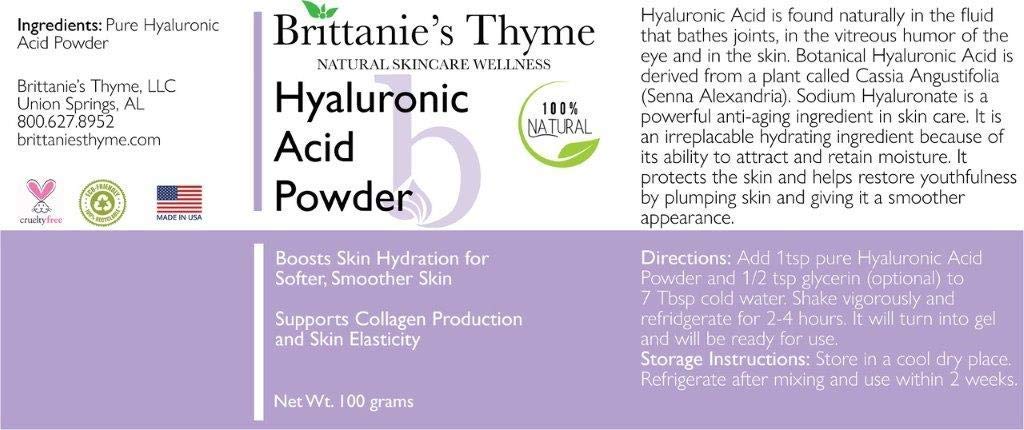 Brittanie's Thyme Pure Hyaluronic Acid Serum Powder, 100 Grams | High Molecular Weight, Cosmetic Grade, 100% Natural, Boosts Skin Hydration for Softer, Smoother Skin