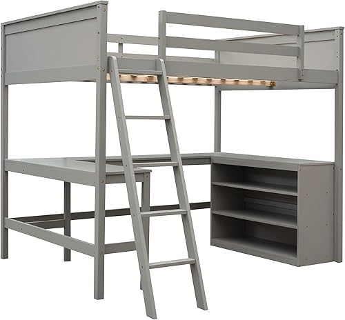 Miniatura 104 de Cama alta funcional tamaño individual con 2 cajones y 2 armarios, base de cama de madera maciza con barandilla de seguridad y escalera de