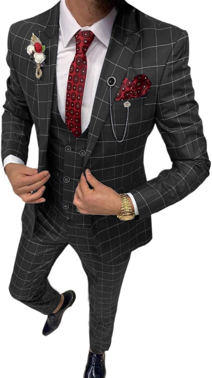 Aesido Mens Suit Plaid Tuxedos Business Suits Slim Fit Double Breasted