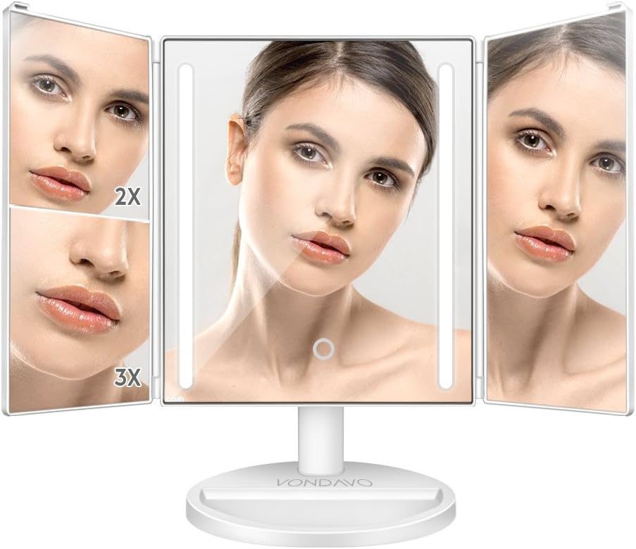 VONDAVO Large Lighted Makeup Mirror with 360 Degree Rotation Tri-Fold Travel Vanity Mirror, Touch Screen Dimming with LED Lights Adjustable Countertop Cosmetic Mirror (White)