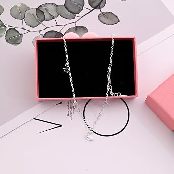 Moon and Star Friendship Bracelet, Adjustable Silver Charm Bracelet with Cubic Zirconia, Women's Birthday Gift