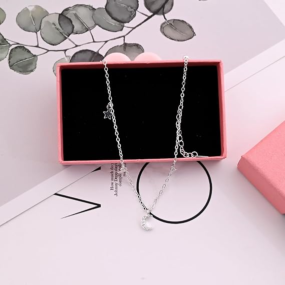 Moon and Star Friendship Bracelet, Adjustable Silver Charm Bracelet with Cubic Zirconia, Women's Birthday Gift