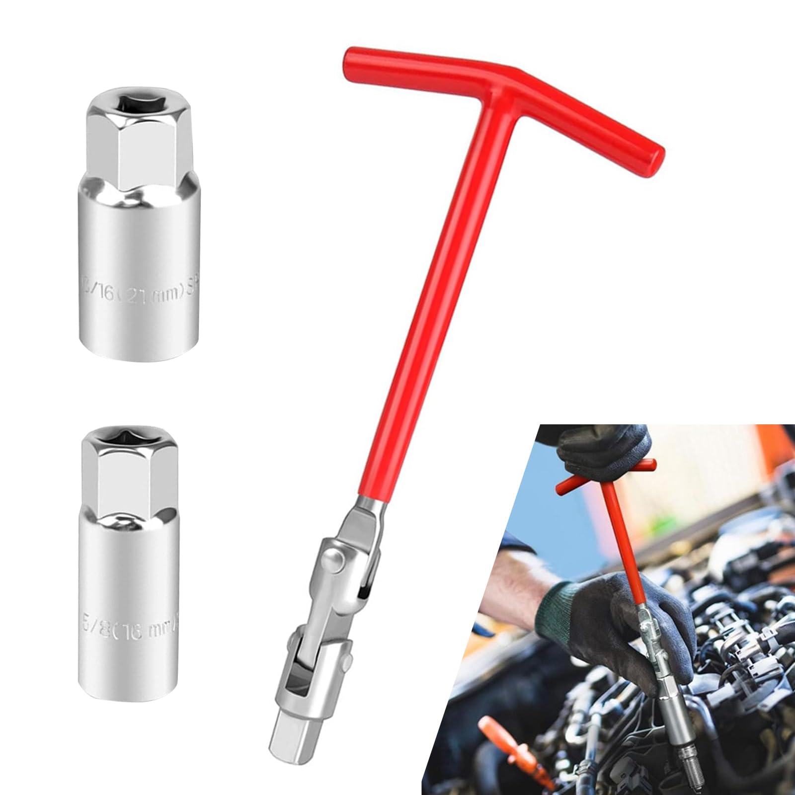Gseigvee Pack-2 Car Spark Plug Socket Wrench Kit, 360 Degree Multi-Angle Spark Plug Tool, T-Handle Non-Slip Socket Disassembly Set with 5/8