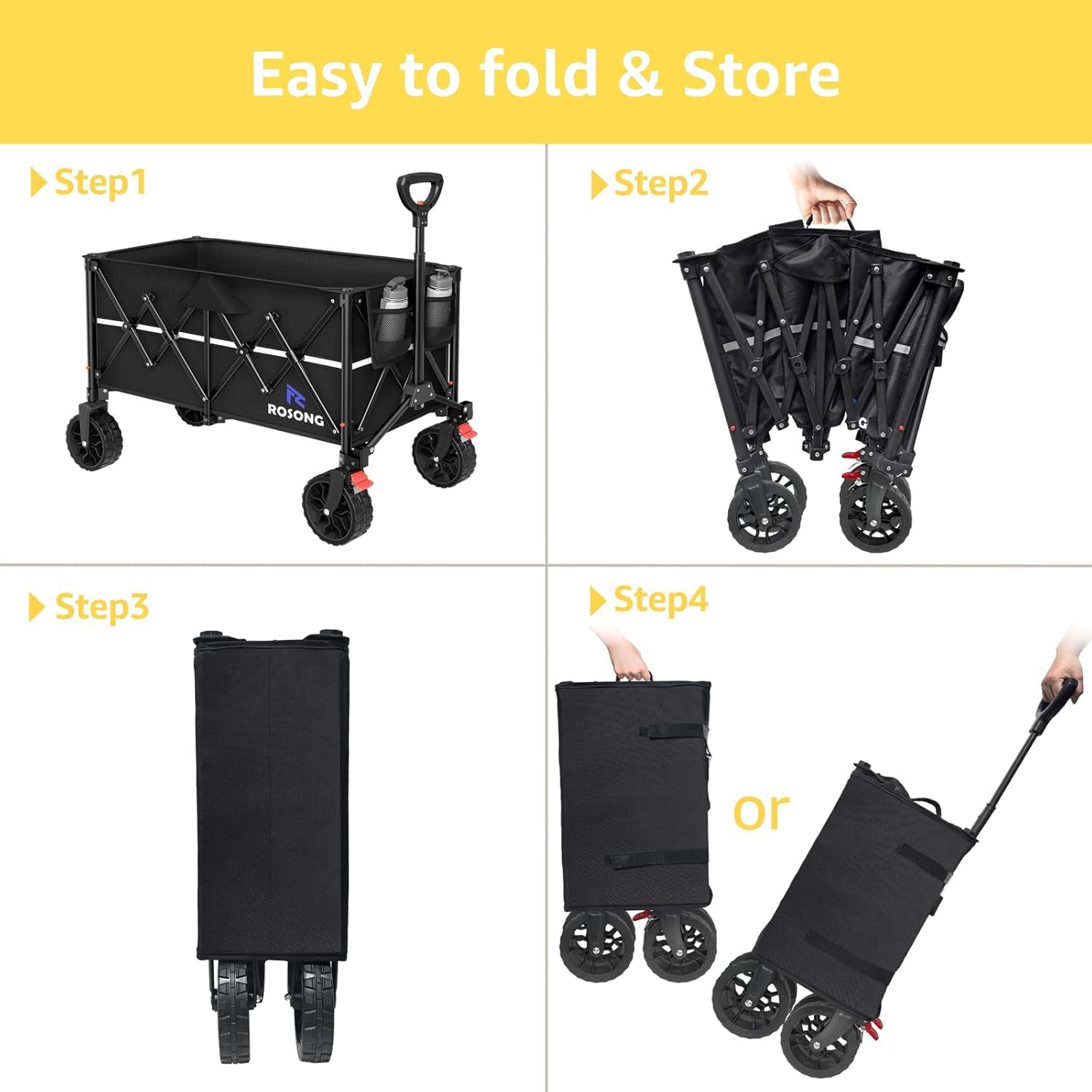 ROSONG Carro Playa Plegable 150L Carro Plegable con Ruedas Grandes Extraíbles Carro Transporte Compacto para Playa Camping Compra Jardín, Negro