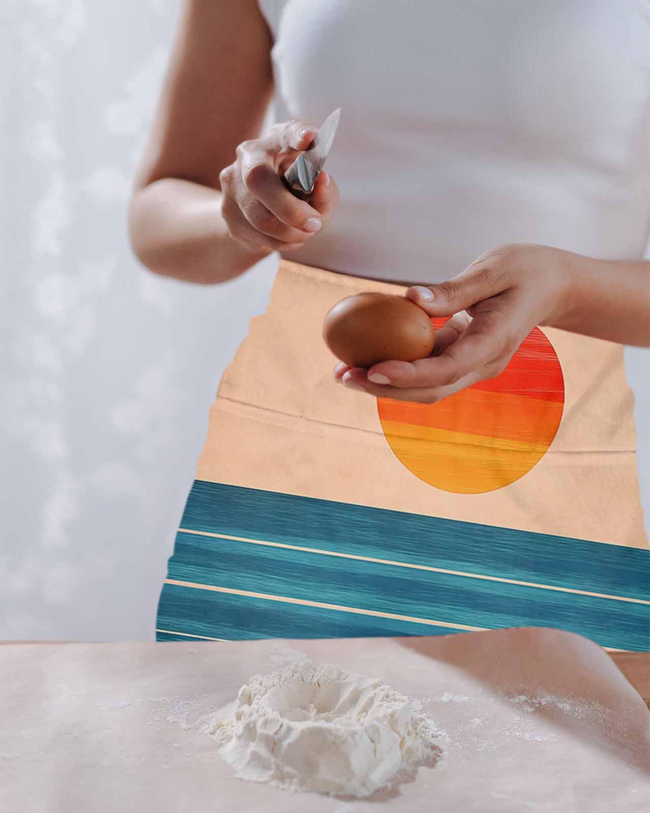 PIEPLE Orange Blue Stripe Server Apron Waitress Aprons with 3 Pockets, Watercolor Clean-lined Abstract Half Waist Waiter Aprons Restaurant Chef Aprons for Women Men