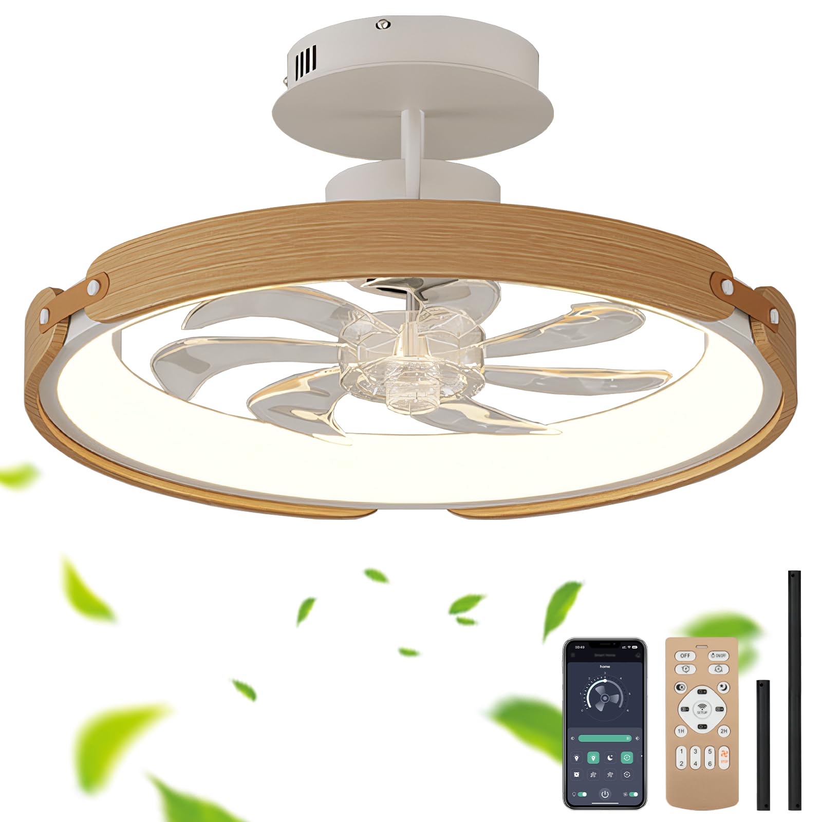Dobecd Retro Ceiling Fans with Lamps 58W LED Dimmable Bedroom Fan Light Ceiling Mute 6 Speed Reversible DC Ceiling Fans with Lights and Remote Control and APP for Kitchen Living Room-Wood
