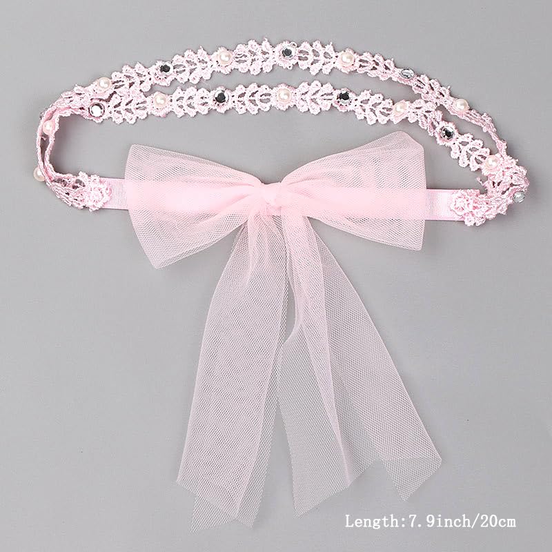 Baby Girl White Flower Christening Headbands Toddler Elastic Soft Lace Baptism Hairband Floral Pearl Newborn Infant Hair Accessories for Birthday Party (pink, Standard size)3