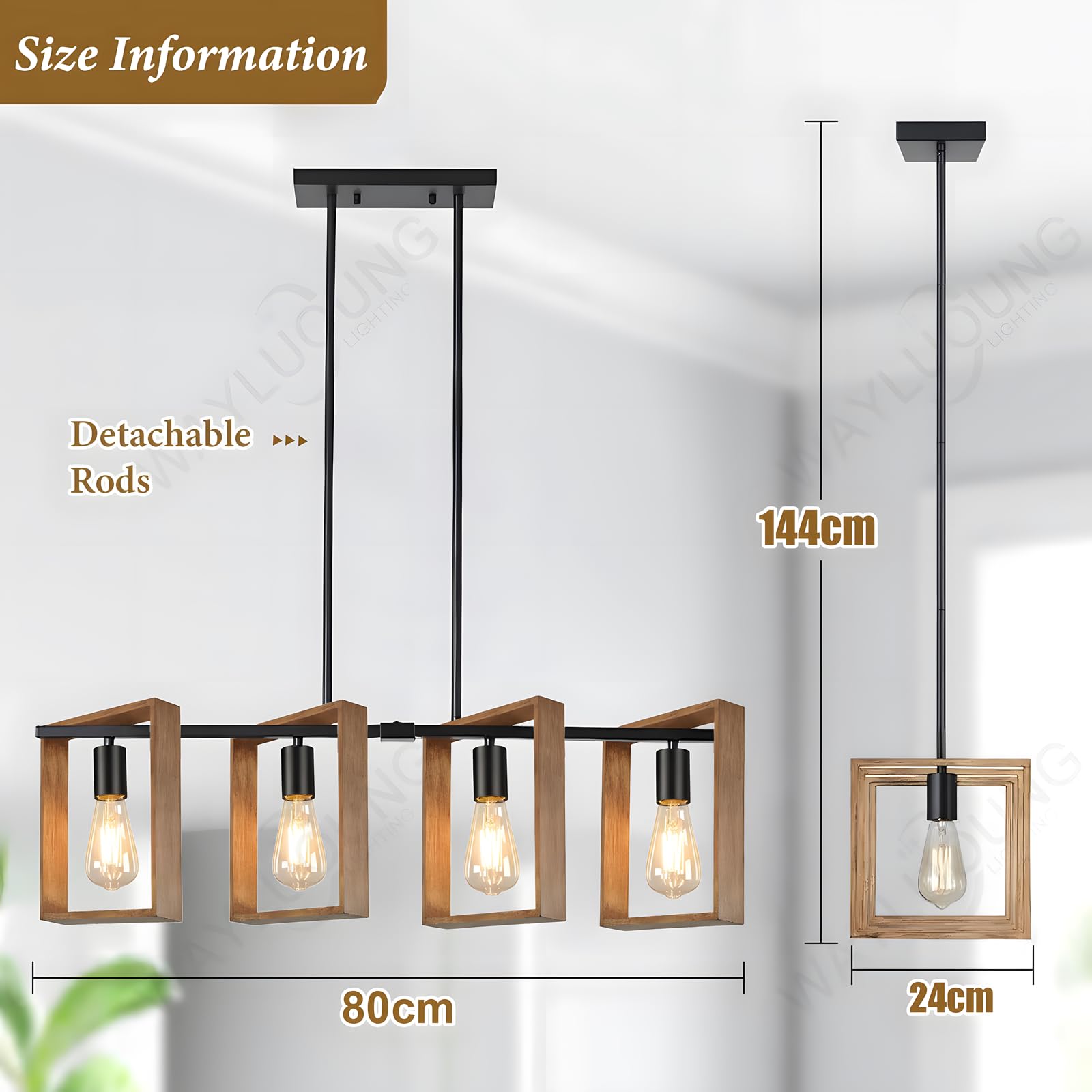 Iluminación De Isla De Cocina Negra, Lámpara De Comedor De 4 Luces De L80cm, De Altura Ajustable, Lámpara De Araña Con Marco De Madera, Cocina, Luces De Mesa De Billar, E27 (Bombillas No Incluidas)