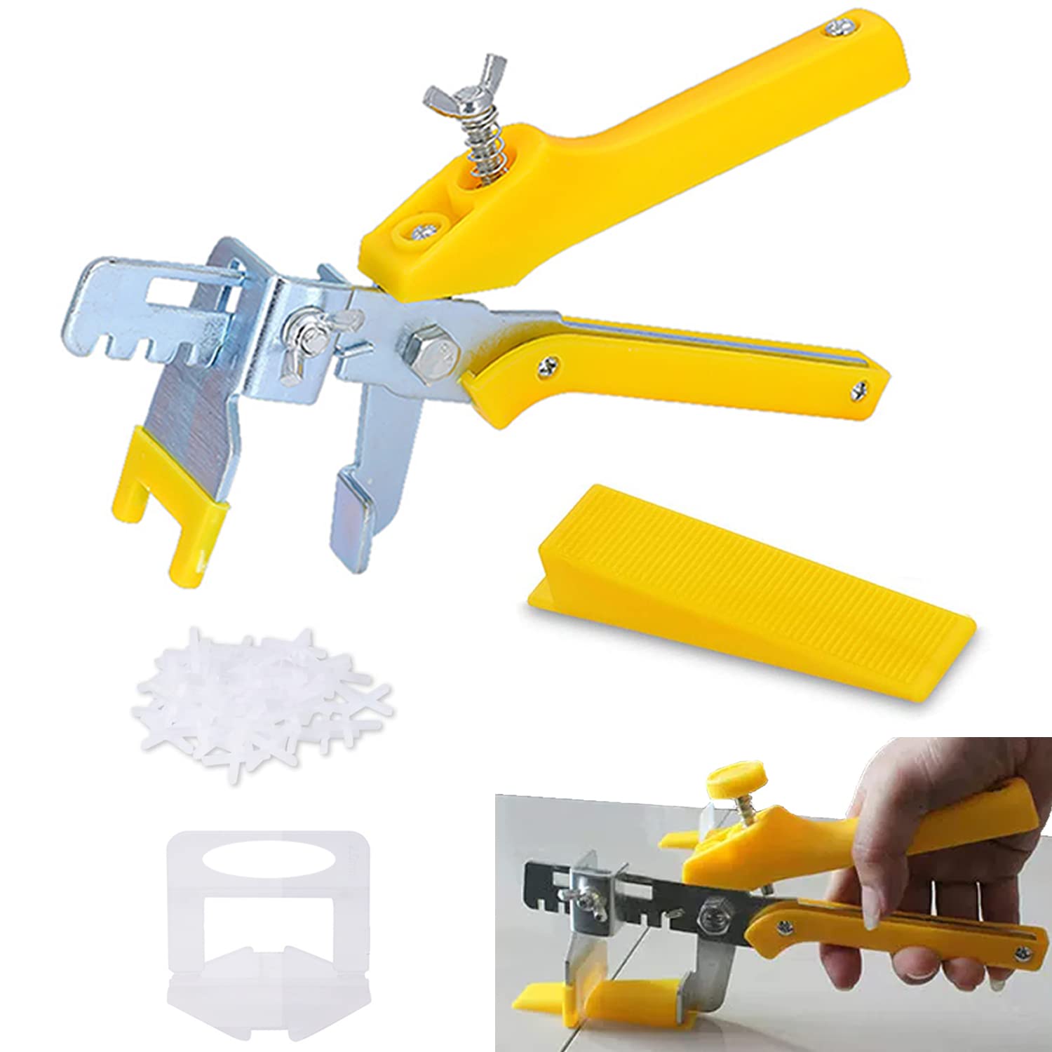 Tile Leveling System with Tile Plier - 400pcs 2mm Tile Spacers Clips 100pcs Reusable Wedges and 200pcs Cross Spacers Floor and Walls Tile Tools Set for Stone Installation
