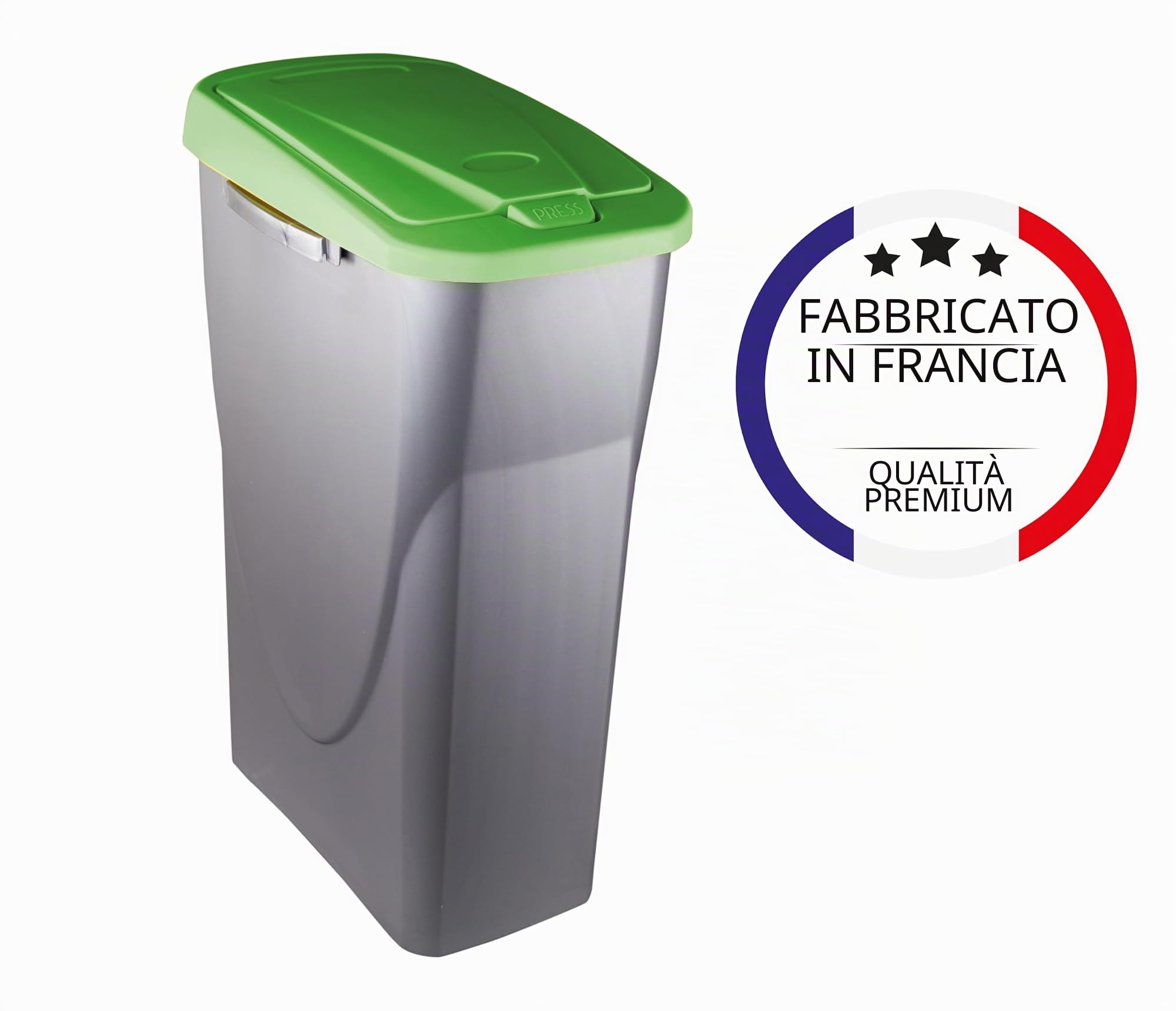 M home by Mazzei Mondex - Pattumiera di Tri Selettivo 25L in Plastica - Apertura facile Push - Vasca Grigio Argento con Coperchio di Colore Verde - Ideale per Cucina, Celliera - Made in France