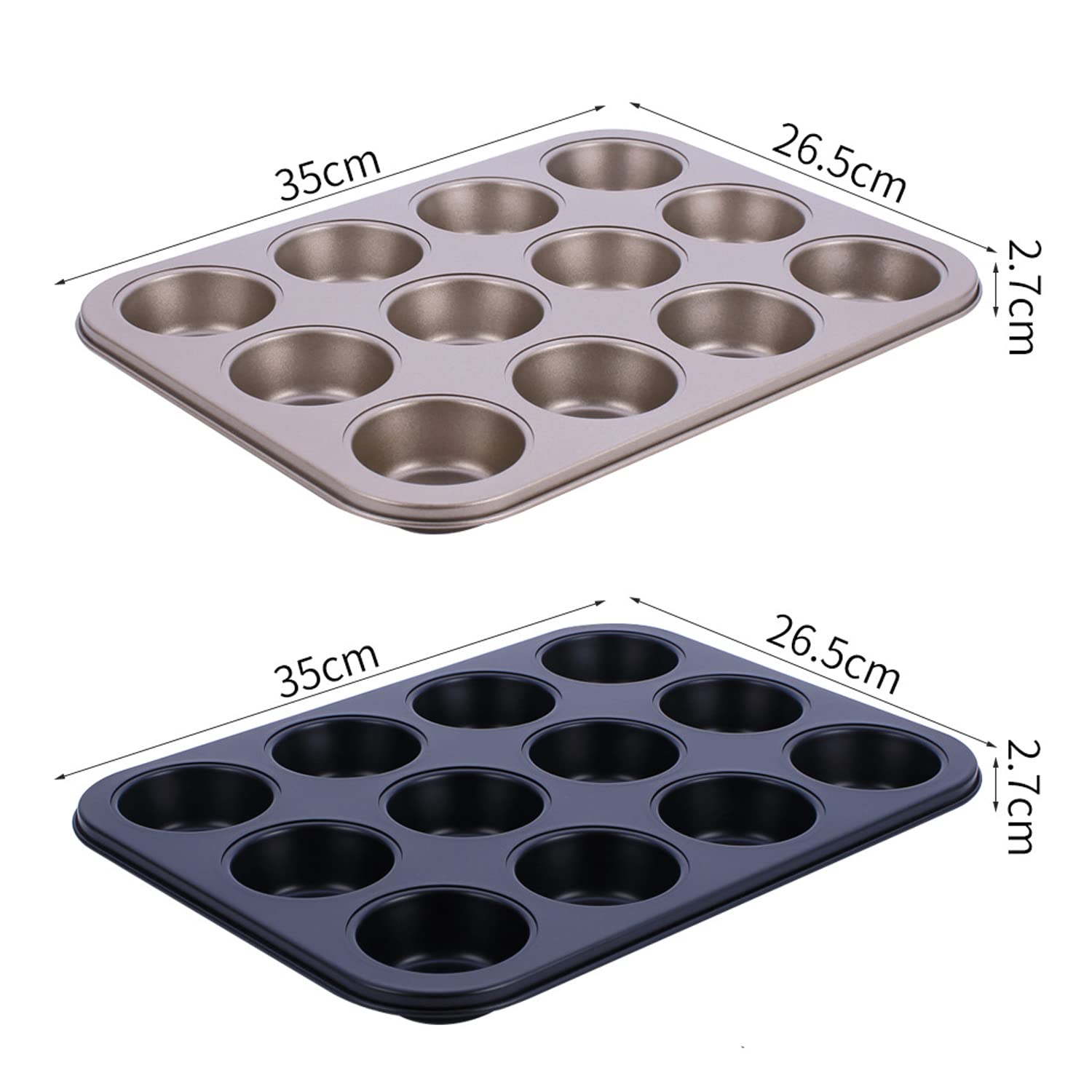Naczynie do pieczenia, Zestaw 2 foremek do muffinek, małych foremek do pieczenia chleba i ciasta, z nieprzywierającą powłoką, okrągła forma(Gold)