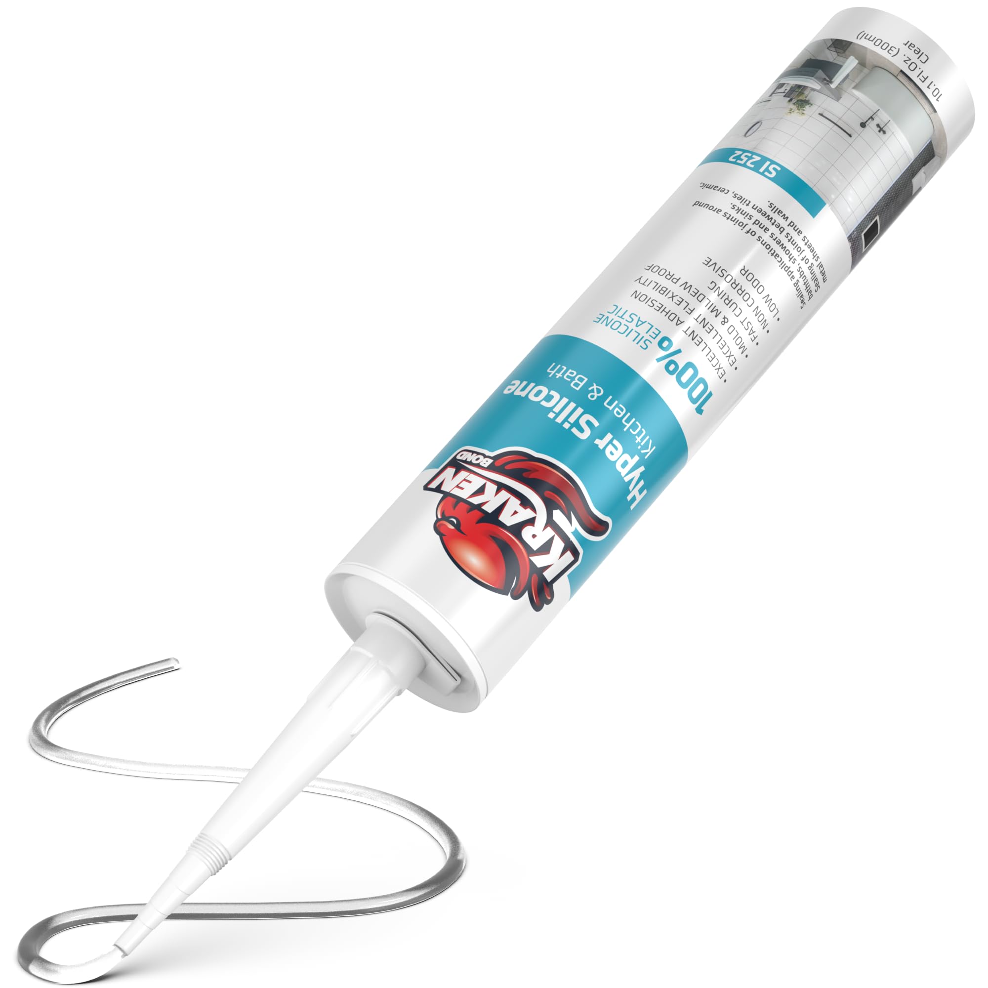 Kraken Bond Hyper Clear Caulking Sealant - (1x10.1 Fl. Oz) Fast Curing 100% Silicone Neutral for Kitchen & Bathroom, Bathtub, Shower and Sink, Low