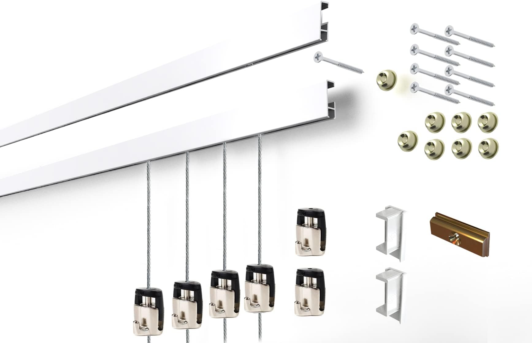 - Cliprail Complete Art Hanging Gallery System with Superior Design Cam Hooks (4 Rails 12 Hooks and 8 Cables, White Rails)