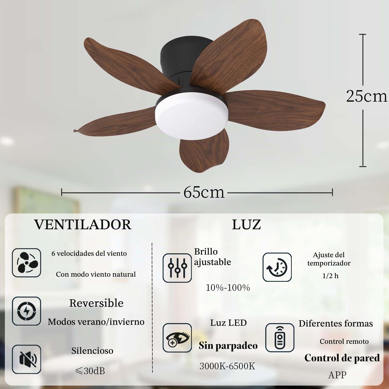 65CM Moderno Pequeño Ventilador De Techo Con Luz Y Mando A Distancia APP, 6 Velocidades & Temporizador, Motor DC 5 Aspas Lámpara Ventilador Techo Para Dormitorio/Salón/Comedor-Black