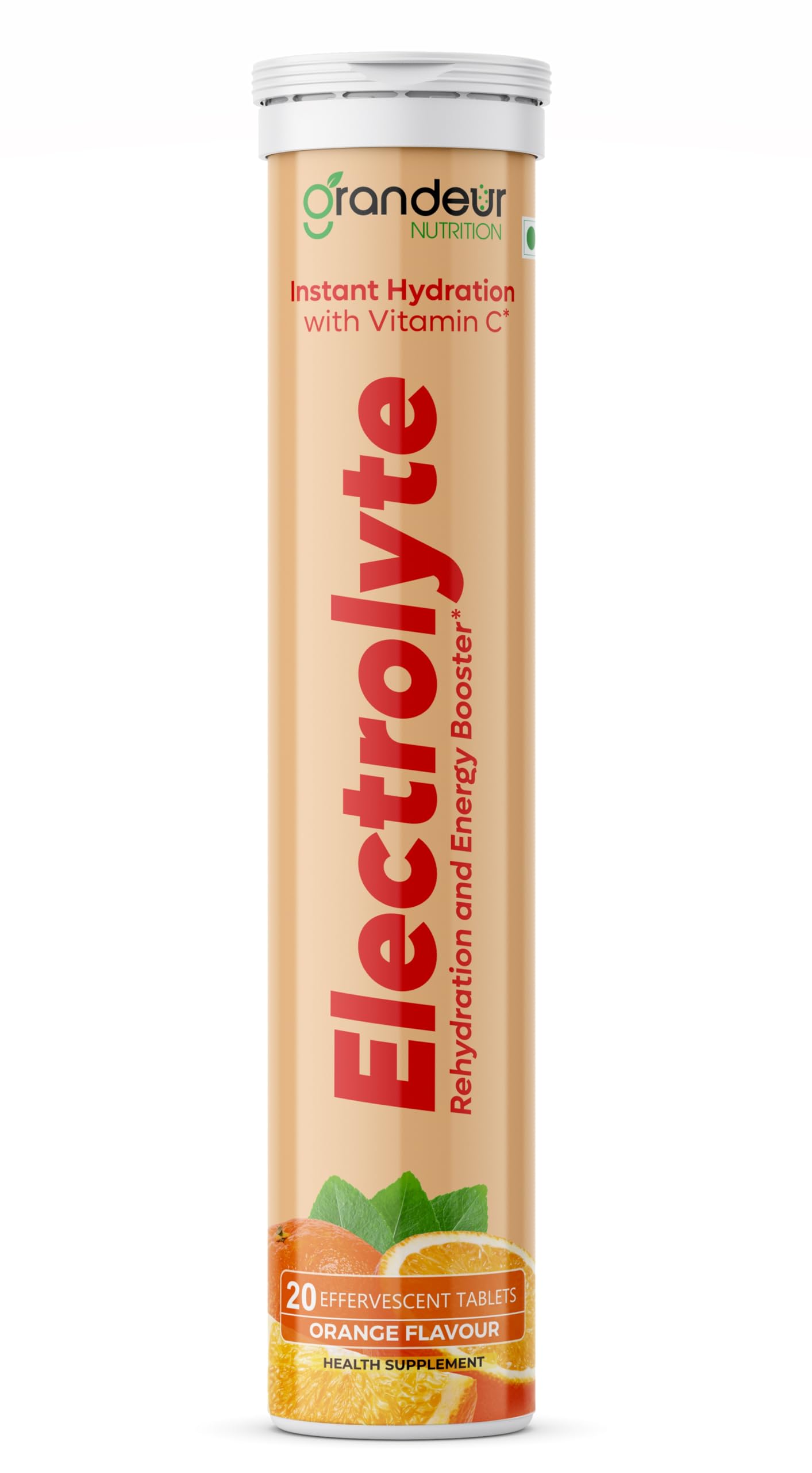 Grandeur Electrolyte No Added Sugar energy drink for instant Hydration - 20 Effervescent Tablets with Vitamin C | Rehydration & Energy Booster | Orange Flavour
