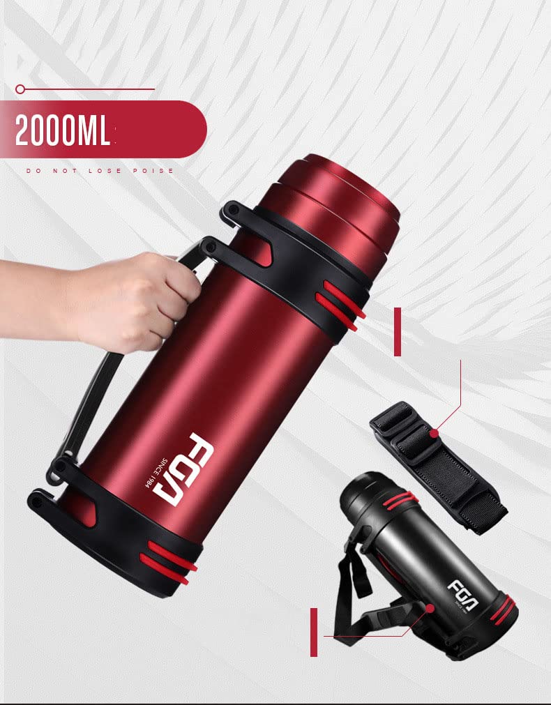 Termos ze stali nierdzewnej na zewnątrz, przenośny termos o dużej pojemności, męski termos podróżny, czerwony, 2200 ml