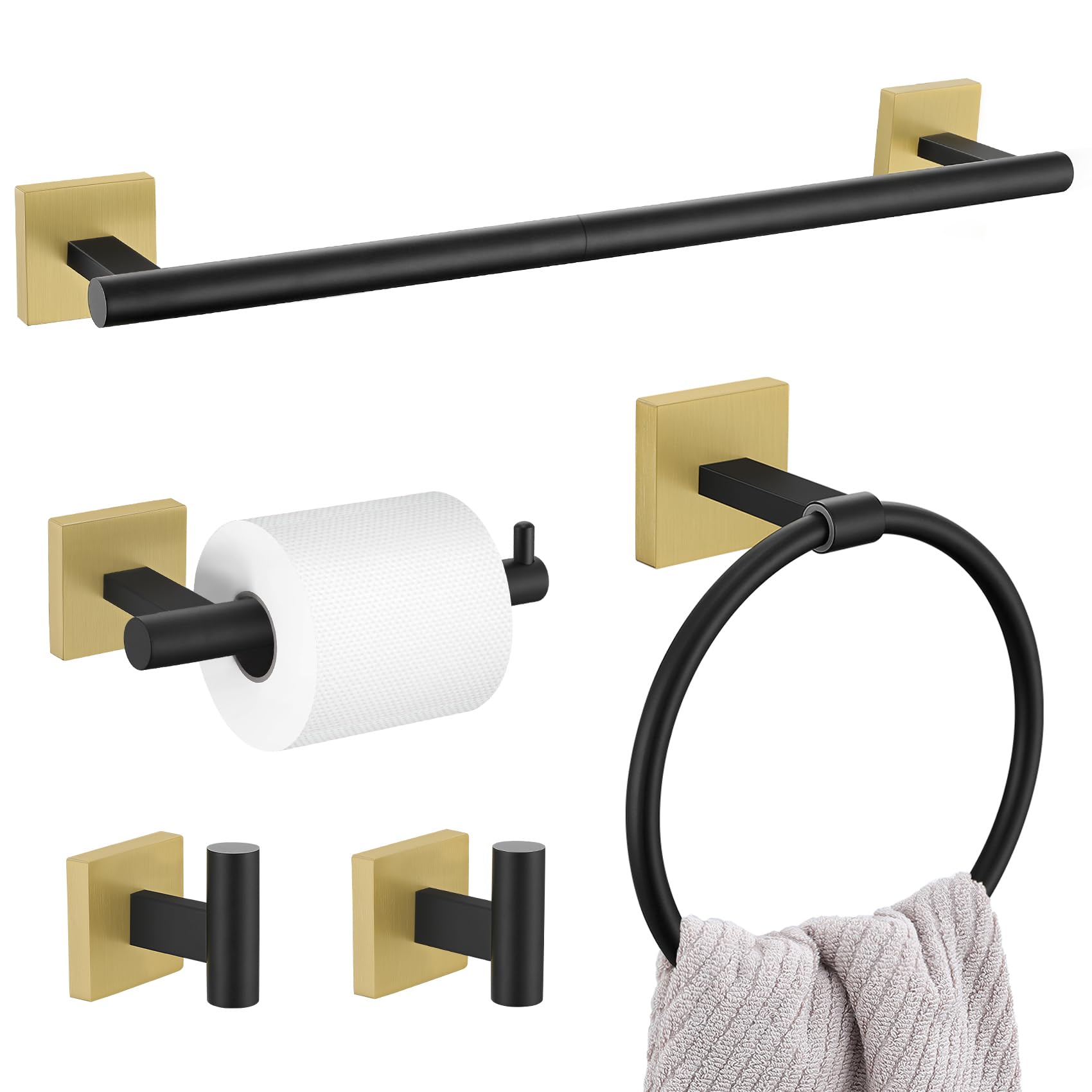 LMYSXAOZ 5 Pieces Bathroom Hardware Set, Black Gold Towel Bar Set Includes 23.6” Bar, Ring Holder, Toilet Paper Holder and Two Hooks, Accessories SUS304 Wall Mounted