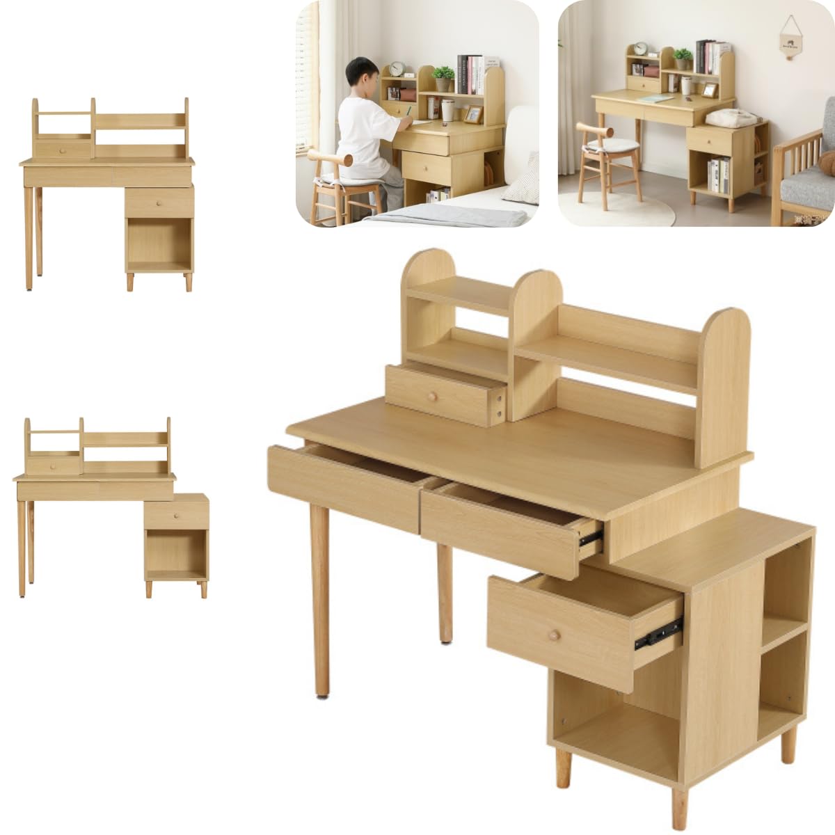 Amazon.co.jp: LZ LEISURE ZONE 学習机 +ワゴン+シェルフ 木製