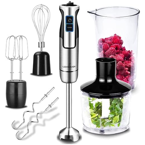 LEHMANN Stabmixer Set 1200 Watt - Multifunktions Pürierstab 5-in-1-6 Zubehör - 860 ml Messbecher - 8-stufige Geschwindigkeitsregelung - Turbo-Funktion - 15.000 U/Min - BPA-frei - Goldene Klinge