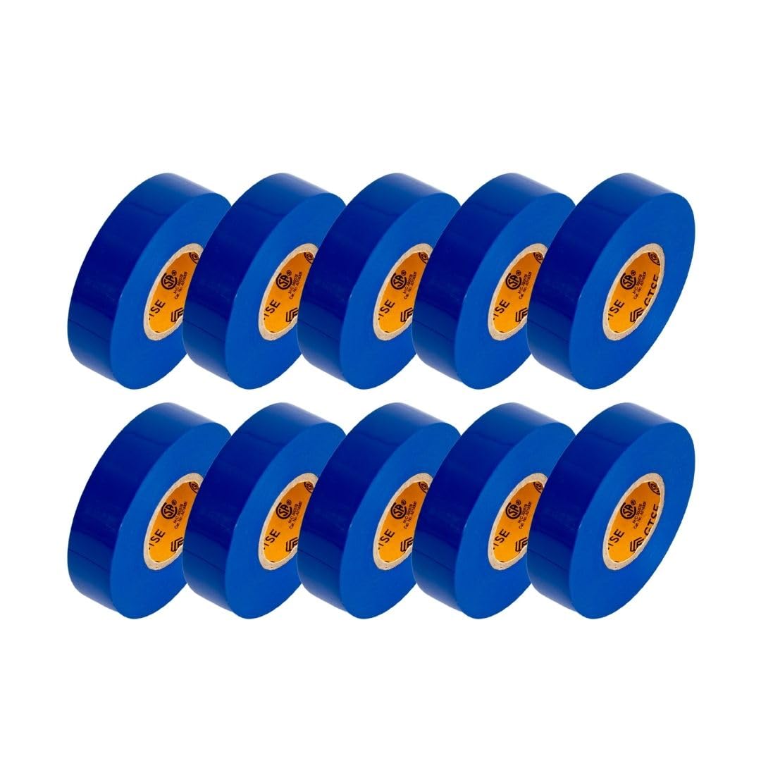 GTSE Nastro elettrico blu, 10 rotoli, impermeabile, in vinile di grado industriale, 1,9 cm x 1,9 m, nastro elettrico autoadesivo in PVC per isolamento dei fili, 7 mil, 600 V - UL/CSA